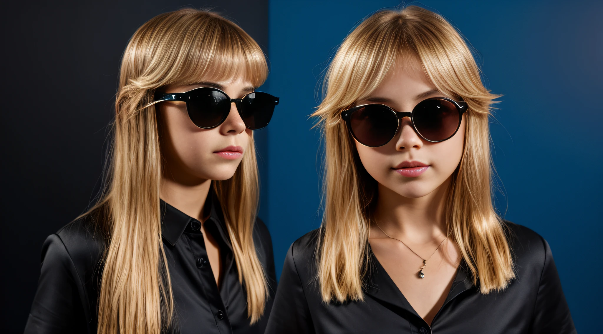 HALO DE LASER AZUL, close-up CHILDREN BLONDE GIRL WITH VERY LONG HAIR, in a black blouse and sunglasses in a dark room, Foto de um ensaio promocional,