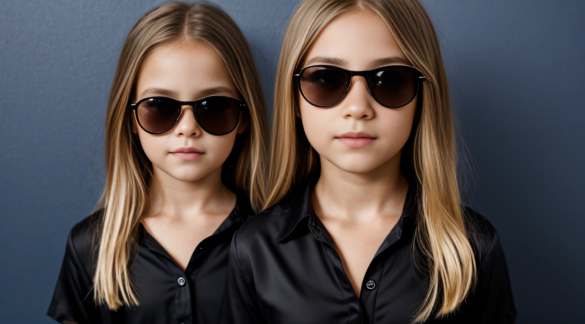 HALO DE LASER AZUL, close-up CHILDREN BLONDE GIRL WITH VERY LONG HAIR, in a black blouse and sunglasses in a dark room, Foto de um ensaio promocional,