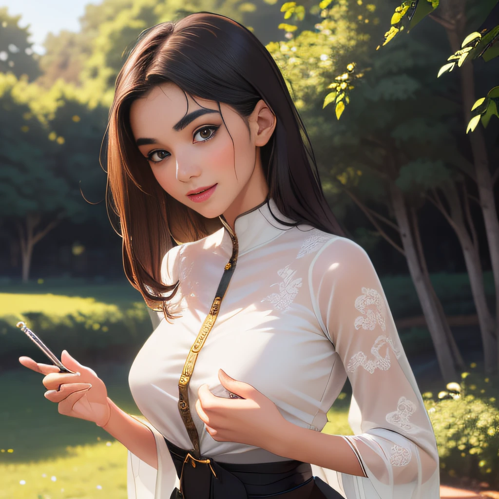 (Extremely detailed 8k wallpaper:2), (photo:2), (24 years old soigne Beautiful girl:2), (gives a lecture to friends:2), detailed (Face and eyes), (hyper realistic:1), (highly detailed:1), (epic realistic:1), rim light, (maximum details:1), cozy, (fullbody:1.3), (looking at viewer:2.0), (Woman's Attractive Qualities:2), (Attractive Woman:2), (Attractive:2), Smile, Intelligence, Empathy, Gracefulness, Sense of Style, Fitness, Grooming, Optimism, (Sensitivity:2), Sincerity, Romantic Gestures, Playfulness, Fashion Sense, (Sensuality:2), Charm, Modesty, Thoughtfulness, (Femininity:1), Flirtatiousness, Warmth, (Physical attractiveness:2), A beautiful smile, A love of life, strength and power, vulnerability, curiosity, wonder, love, (nature background:2), kawaii, waifu, Beautiful breasts, (attractive body:2), (Beautiful body:2), Beautiful pose, attractive pose, (Beautiful legs:1.0), (Beautiful clothes:1), (classic clothes:2), (elegant clothes:2), (European clothes:2), detailed clothes, (skirt:1), (blouse:1), (provocative pose)
