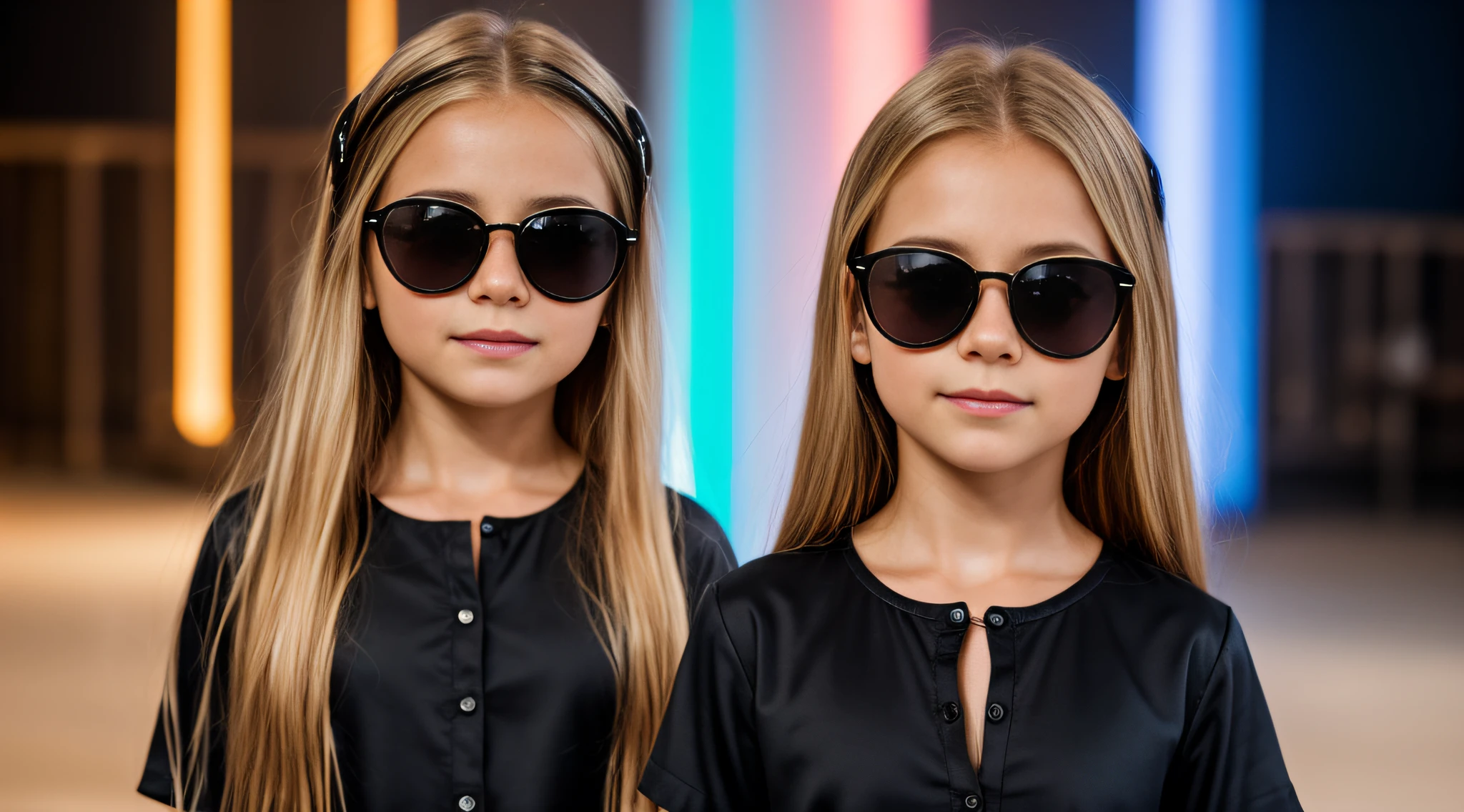 HALO DE LASER AZUL, close-up CHILDREN BLONDE GIRL WITH VERY LONG HAIR, in a black blouse and sunglasses in a dark room, Foto de um ensaio promocional,