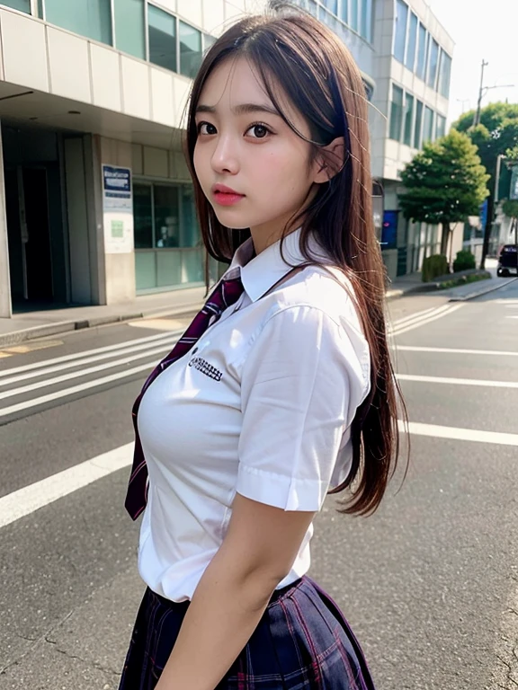 (masterpiece, best quality, photo realistic, official art:1.4), (UHD, 8K quality wallpaper, High resolution, RAW photo:1.2), (shiny skin), professional lighting, physically-based rendering, Award-winning, highly detailed skin, (extremely detailed face and eyes, clear pupils), Carl Zeiss 85 mm F/1.4, depth of field, BREAK, 1girl, solo, kawaii 16-year-old Korean schoolgirl, (Nogizaka idol:0.7), (Korean idol:0.9), (glossy brown hair, straight medium hair, forehead:1.3), extreme round face, single eyelid, smirk, mouth closed, (wearing school uniforms, longsleeved collared shirt, school tie:1.3), plaid mini skirt, navy socks, loafers, (breasts emphasized, well shaped medium breasts), (looking at viewer), BREAK, at a street in Shibuya, summer daytime, sunbeam, (seductive posing:1.3), cowboy shot, view from forward,