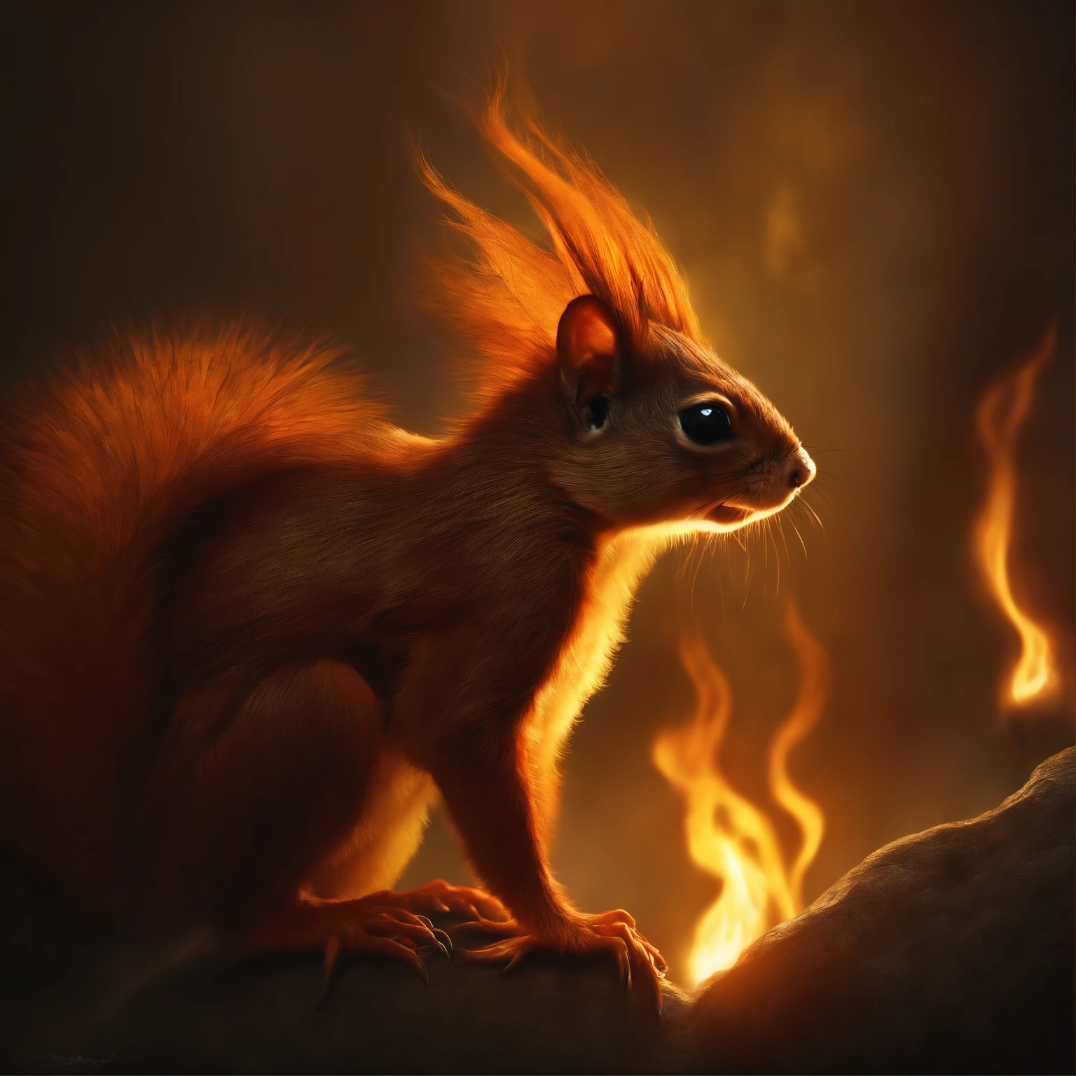 gremlin, squirrel-like, bright orange and brown, long tail covered in yellow flames, snook, flame clothes, Best Quality, Masterpiece, in style of dark fantasy art