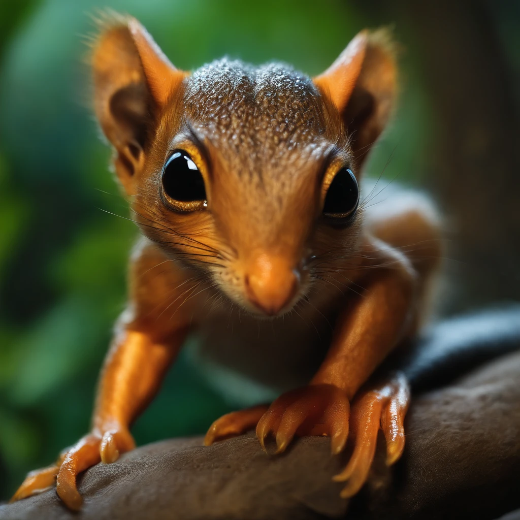 gremlin, squirrel-like, bright orange and brown, long tail covered in yellow flames, snook, flame clothes, Best Quality, Masterpiece, in style of dark fantasy art, Cute creatures from space. terraforming. alien flora, Miki Asai Macro photography, Close-up, ultra - detailed, trending on artstationh, Sharp focus, studio photo, Intricate details, Highly detailed, author:Greg Rutkovsky Facial details, Detailed skin, 真实感, Realism,Brad Jongsan walks in the jungle (Night of the Fireflies), (higly detailed: 1 1), rough face, natural skin, hiquality, NSFW, pretty eyes, (Detailed face and eyes), (s face: 1 2), tumult, Complementary, real-photo, ...PSD, Lightweight Film Photography, sharp-focus, contrast lighting, Detail Skin, high resolution 8k, Crazy detailing, Realistic, professional photo of a, 8K UHD, dslr, soft light, hiquality, film grains, Fujifilm XT3