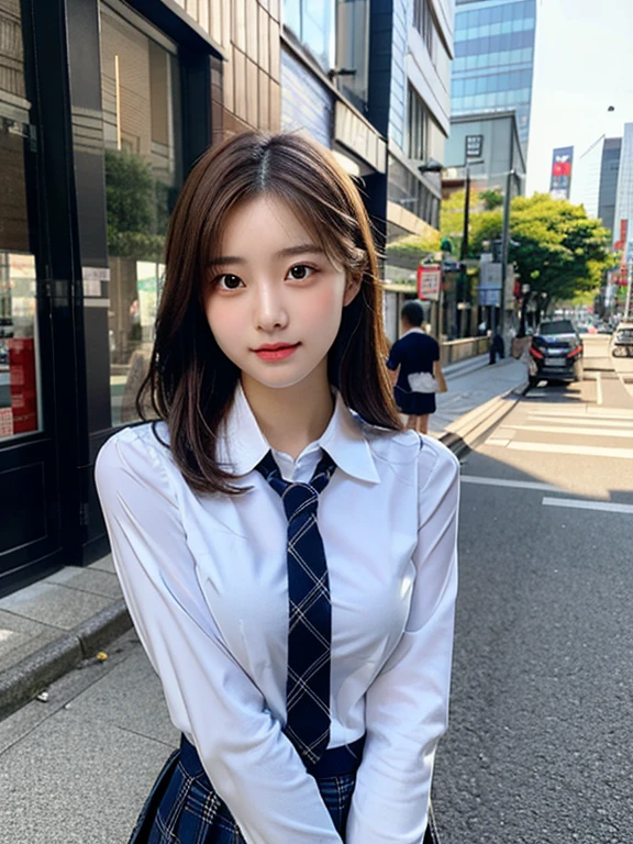 (masterpiece, best quality, photo realistic, official art:1.4), (UHD, 8K quality wallpaper, High resolution, RAW photo:1.2), (shiny skin), professional lighting, physically-based rendering, Award-winning, highly detailed skin, (extremely detailed face and eyes, clear pupils), Carl Zeiss 85 mm F/1.4, depth of field, BREAK, 1girl, solo, kawaii 16-year-old Korean schoolgirl, (Nogizaka idol:0.7), (Korean idol:0.9), (glossy brown hair, straight medium hair, forehead:1.3), extreme round face, single eyelid, smirk, mouth closed, (wearing school uniforms, longsleeved collared shirt, school tie:1.3), plaid mini skirt, navy socks, loafers, (breasts emphasized, well shaped medium breasts), (looking at viewer), BREAK, at a street in Shibuya, summer daytime, sunbeam, (seductive posing:1.3), cowboy shot, view from forward,