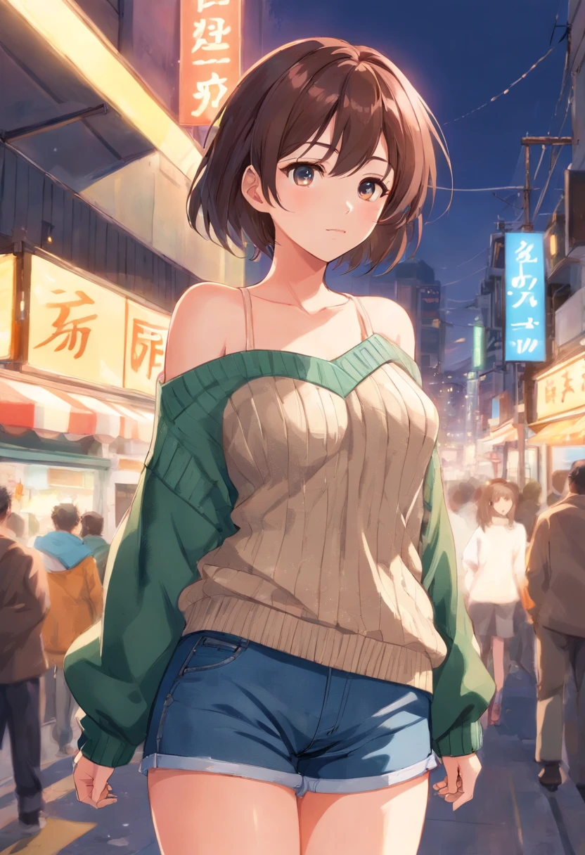 (), huge tit,(masutepiece), Best Quality, Extremely detailed, (watercolor paiting), bloom, Delicate and beautiful, Illustration, (From below),(1girl in:1.4), (Solo:1.2), Large breasts, (Ribbed sweater:1.3), off-the-shoulder sweater, (Short shorts:1.2), Bare shoulders, (underboob), ((Dark skin:0.8)), Beautiful eyes, (disheveled hair ), Photography, over-the-shoulder shot, by Alex Maleev, Professional, Canon Camera, Nikon Camera, sharp, Bokeh, Studio Quality, fish-eye lens, by Robert Capa ,