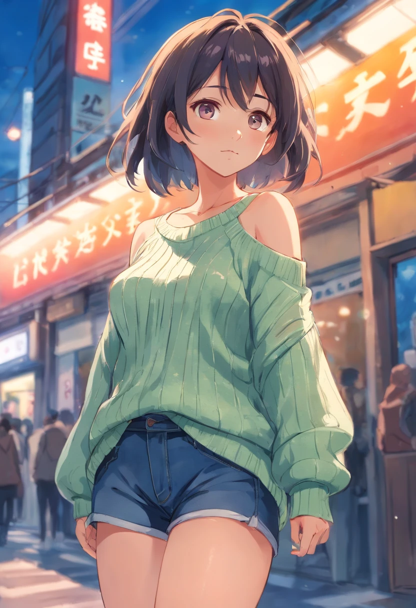 (), huge tit,(masutepiece), Best Quality, Extremely detailed, (watercolor paiting), bloom, Delicate and beautiful, Illustration, (From below),(1girl in:1.4), (Solo:1.2), Large breasts, (Ribbed sweater:1.3), off-the-shoulder sweater, (Short shorts:1.2), Bare shoulders, (underboob), ((Dark skin:0.8)), Beautiful eyes, (disheveled hair ), Photography, over-the-shoulder shot, by Alex Maleev, Professional, Canon Camera, Nikon Camera, sharp, Bokeh, Studio Quality, fish-eye lens, by Robert Capa ,