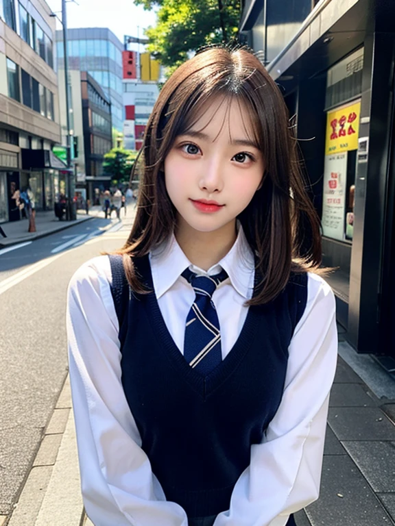 (masterpiece, best quality, photo realistic, official art:1.4), (UHD, 8K quality wallpaper, High resolution, RAW photo:1.2), (shiny skin), professional lighting, physically-based rendering, Award-winning, highly detailed skin, (extremely detailed face and eyes, clear pupils), Carl Zeiss 85 mm F/1.4, depth of field, BREAK, 1girl, solo, kawaii 16-year-old Korean schoolgirl, (Nogizaka idol:0.7), (Korean idol:0.9), (glossy brown hair, straight medium hair, forehead:1.3), extreme round face, single eyelid, smirk, mouth closed, (wearing school uniforms, longsleeved collared shirt, school tie:1.3), plaid mini skirt, navy socks, loafers, (breasts emphasized, well shaped medium breasts), (looking at viewer), BREAK, at a street in Shibuya, summer daytime, sunbeam, (seductive posing:1.3), cowboy shot, view from forward,