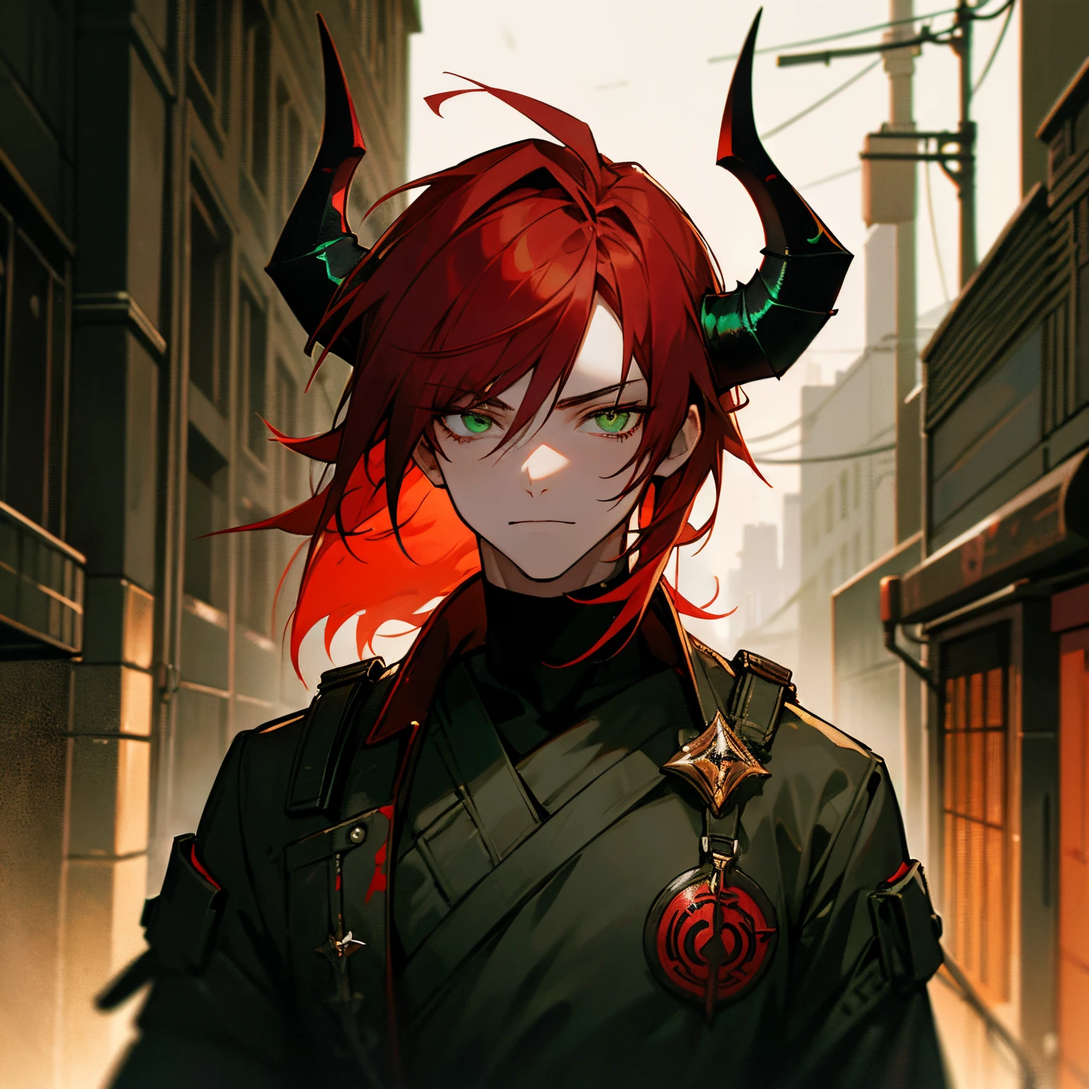 (high quality),red hair,green eyes,demon horns,combat clothing,standing in alleyway,city background,streetlights,dark atmosphere,vibrant colors,gritty textures,detailed hair,sharp focus,contrast lighting,urban fantasy,portrait, 1male