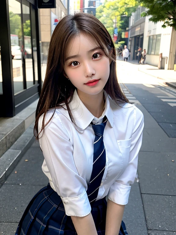 (masterpiece, best quality, photo realistic, official art:1.4), (UHD, 8K quality wallpaper, High resolution, RAW photo:1.2), (shiny skin), professional lighting, physically-based rendering, Award-winning, highly detailed skin, (extremely detailed face and eyes, clear pupils), Carl Zeiss 85 mm F/1.4, depth of field, BREAK, 1girl, solo, kawaii 16-year-old Korean schoolgirl, (Nogizaka idol:0.7), (Korean idol:0.9), (glossy brown hair, straight medium hair, forehead:1.3), extreme round face, single eyelid, smirk, mouth closed, (wearing school uniforms, longsleeved collared shirt, school tie:1.3), plaid mini skirt, navy socks, loafers, (breasts emphasized, well shaped medium breasts), (looking at viewer), BREAK, at a street in Shibuya, summer daytime, sunbeam, (seductive posing:1.3), cowboy shot, view from forward,