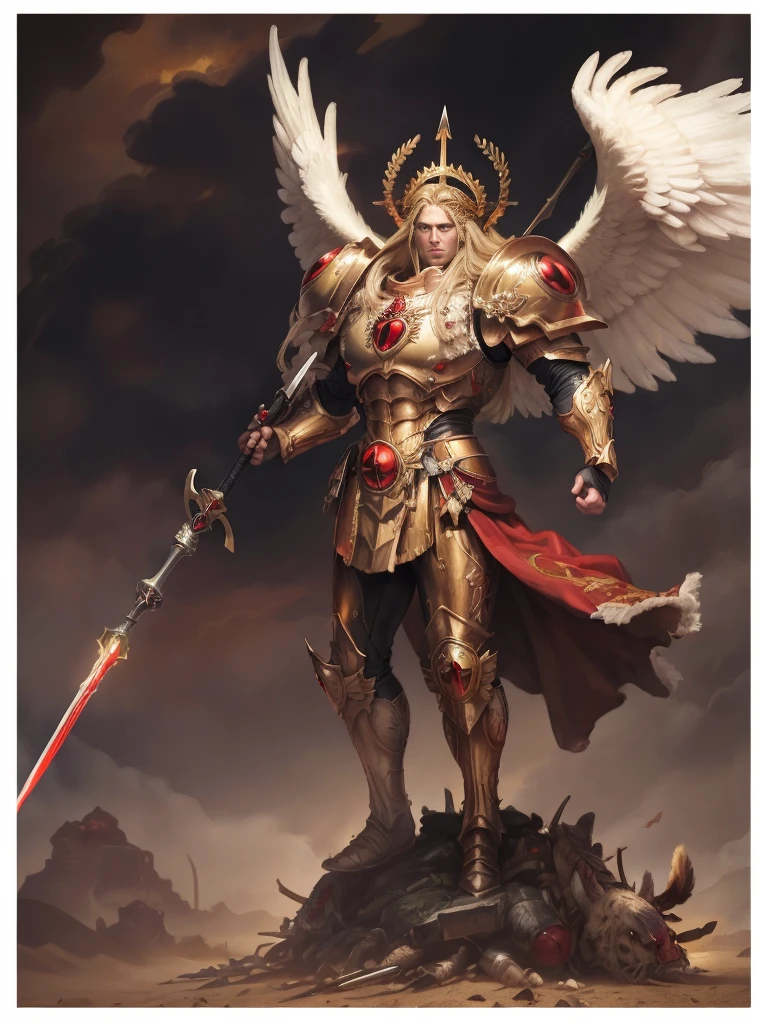 8K masterpiece, detailed, realistic, digital art, octane render, trending on artstation, action SHOT, movie poster,
multipleman, angelic features , 28 years old, tall stature, battle aged, ((solo:1.5)), full body, blonde hair, blue eyes, long hair,
full armor, power armor, laurel wreath, glowing halo, multiple wings, pauldron, angel, animal pelt, sword, spear, 
blood, flame, destruction, desert wasteland, war background,  dueling enemy, hectic battle,  
(sanguinius),