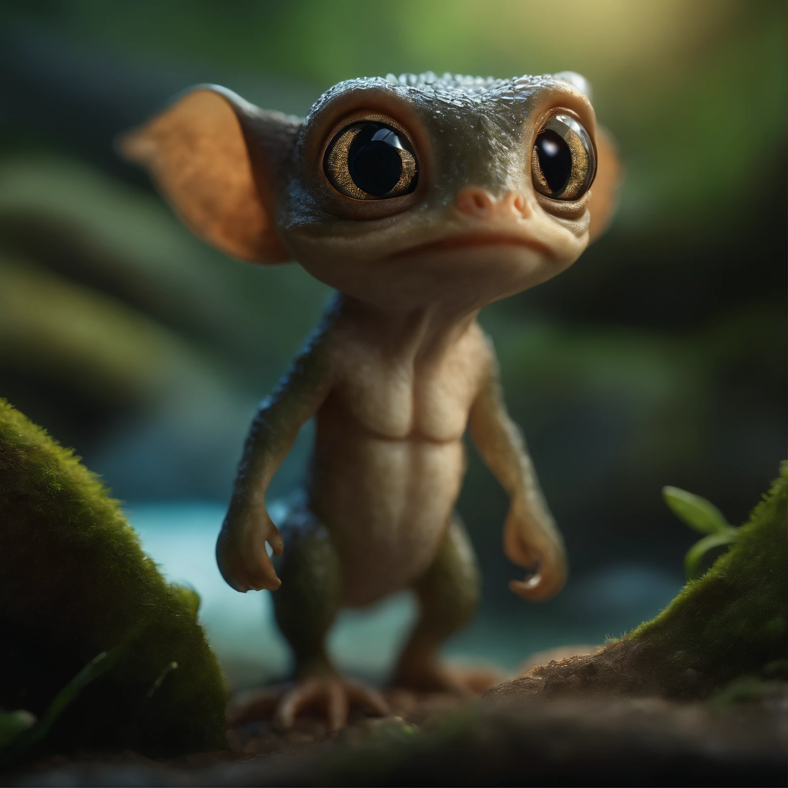 In the cave,Small male goblins, large ears, snook, trunk, shaggy, big eyes, It stands near the lake, Cute creatures from space. Terraforming. Alien Flora, Miki Asai Macro Photography, a closeup of a, Ultra Detailed, Popular on ArtStationH, sharp-focus, studio photo, intricate details, Highly detailed, Author:Greg Rutkowski Face details, detailed skin, 真实感, Realism,Brad Jongsan walks in the jungle (Night of the Fireflies), (higly detailed: 1 1), rough face, natural skin, hiquality, NSFW, pretty eyes, (Detailed face and eyes), (s face: 1 2), tumult, Complementary, real-photo, ....PSD, Lightweight Film Photography, sharp-focus, contrast lighting, Detail Skin, high resolution 8k, Crazy detailing, Realistic, professional photo of a, 8K UHD, dslr, soft light, hiquality, film grains, Fujifilm XT3
