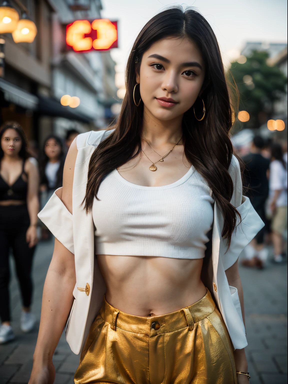 (8k, highest quality, ultra detailed:1.37), (Maria), 18yo, (a beautiful Filipino college girl), turns heads as a modern city fashionista. Dressed in a trendy Blazer, Crop Top, and High-Waisted Pants, she confidently struts through the city streets, showcasing her impeccable style. The high-resolution image captures ultra-detailed realism, highlighting Maria's captivating eyes, long eyelashes, and smooth complexion. The dynamic urban backdrop, with city lights and bustling crowds, adds to the fashionable ambiance, creating a visually captivating representation of Maria's fashion-forward personality.