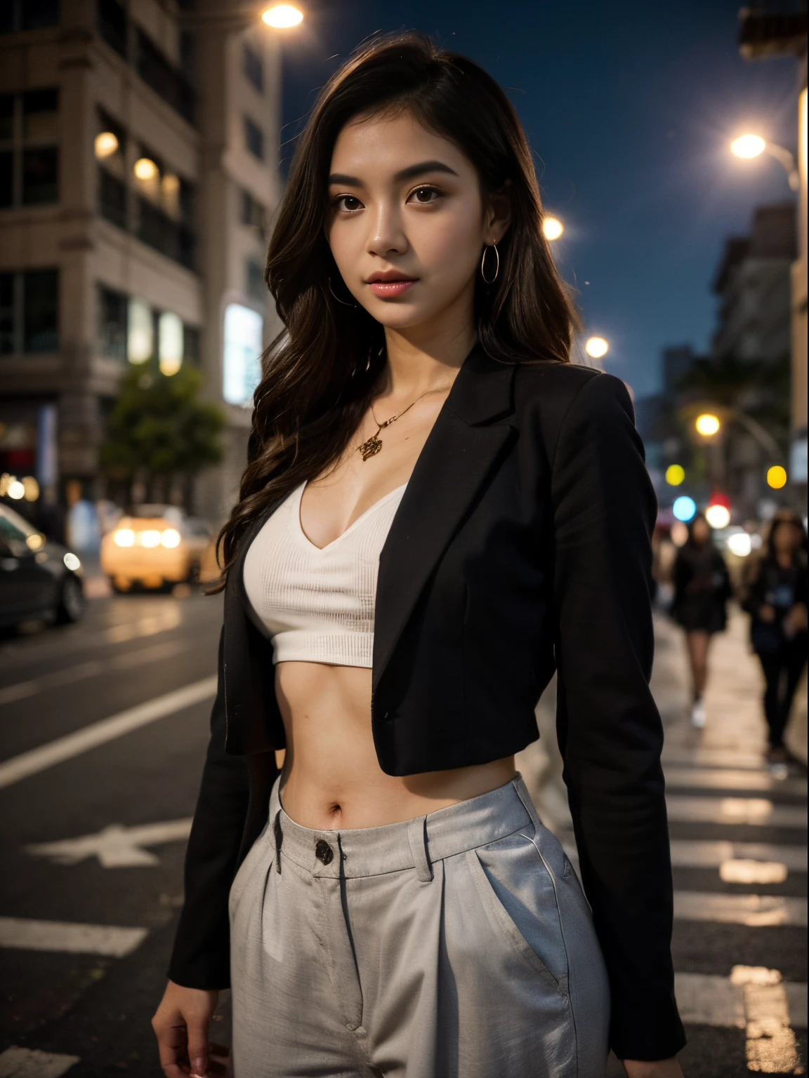 (8k, highest quality, ultra detailed:1.37), (Maria), 18yo, (a beautiful Filipino college girl), turns heads as a modern city fashionista. Dressed in a trendy Blazer, Crop Top, and High-Waisted Pants, she confidently struts through the city streets, showcasing her impeccable style. The high-resolution image captures ultra-detailed realism, highlighting Maria's captivating eyes, long eyelashes, and smooth complexion. The dynamic urban backdrop, with city lights and bustling crowds, adds to the fashionable ambiance, creating a visually captivating representation of Maria's fashion-forward personality.