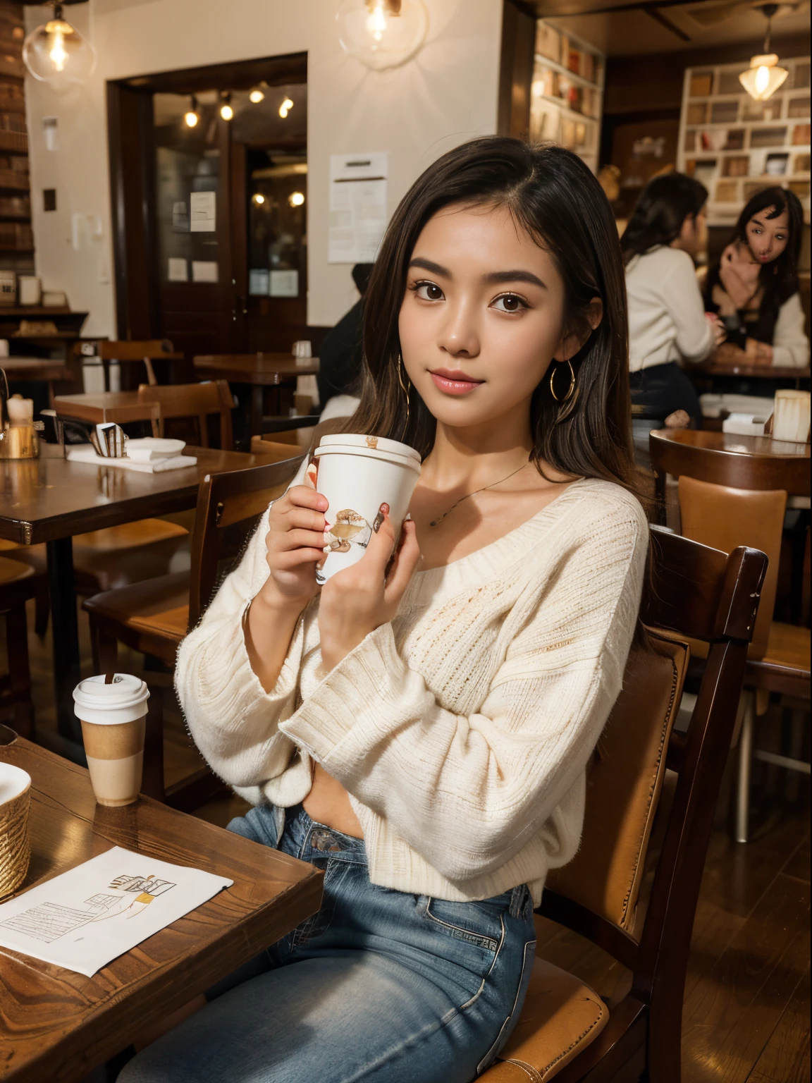 (8k, highest quality, ultra detailed:1.37), (Maria), 18yo, (a beautiful Filipino college girl), seeks artistic inspiration at a cozy coffee shop. Dressed in a comfortable Sweater and Jeans, she sips her latte while surrounded by books and art, showcasing her creative spirit. The high-resolution image captures ultra-detailed realism, highlighting Maria's captivating eyes, long eyelashes, and smooth complexion. The warm and inviting coffee shop ambiance, with dim lighting and artistic decor, adds to the cozy atmosphere, creating a visually captivating representation of creativity and relaxation.