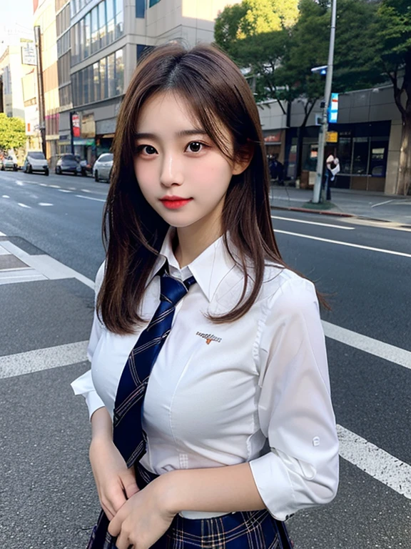 (masterpiece, best quality, photo realistic, official art:1.4), (UHD, 8K quality wallpaper, High resolution, RAW photo:1.2), (shiny skin), professional lighting, physically-based rendering, Award-winning, highly detailed skin, (extremely detailed face and eyes, clear pupils), Carl Zeiss 85 mm F/1.4, depth of field, BREAK, 1girl, solo, kawaii 16-year-old Korean schoolgirl, (Nogizaka idol:0.7), (Korean idol:0.9), (glossy brown hair, straight medium hair, forehead:1.3), extreme round face, single eyelid, smirk, mouth closed, (wearing school uniforms, longsleeved collared shirt, school tie:1.3), plaid mini skirt, navy socks, loafers, (breasts emphasized, well shaped medium breasts), (looking at viewer), BREAK, at a street in Shibuya, summer daytime, sunbeam, (seductive posing:1.3), cowboy shot, view from forward,