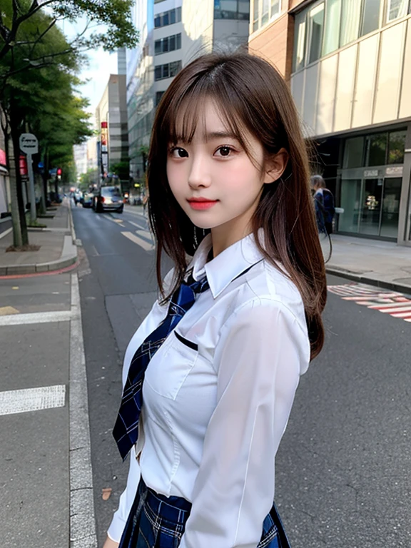 (masterpiece, best quality, photo realistic, official art:1.4), (UHD, 8K quality wallpaper, High resolution, RAW photo:1.2), (shiny skin), professional lighting, physically-based rendering, Award-winning, highly detailed skin, (extremely detailed face and eyes, clear pupils), Carl Zeiss 85 mm F/1.4, depth of field, BREAK, 1girl, solo, kawaii 16-year-old Korean schoolgirl, (Nogizaka idol:0.7), (Korean idol:0.9), (glossy brown hair, straight medium hair, forehead:1.3), extreme round face, single eyelid, smirk, mouth closed, (wearing school uniforms, longsleeved collared shirt, school tie:1.3), plaid mini skirt, navy socks, loafers, (breasts emphasized, well shaped medium breasts), (looking at viewer), BREAK, at a street in Shibuya, summer daytime, sunbeam, (seductive posing:1.3), cowboy shot, view from forward,