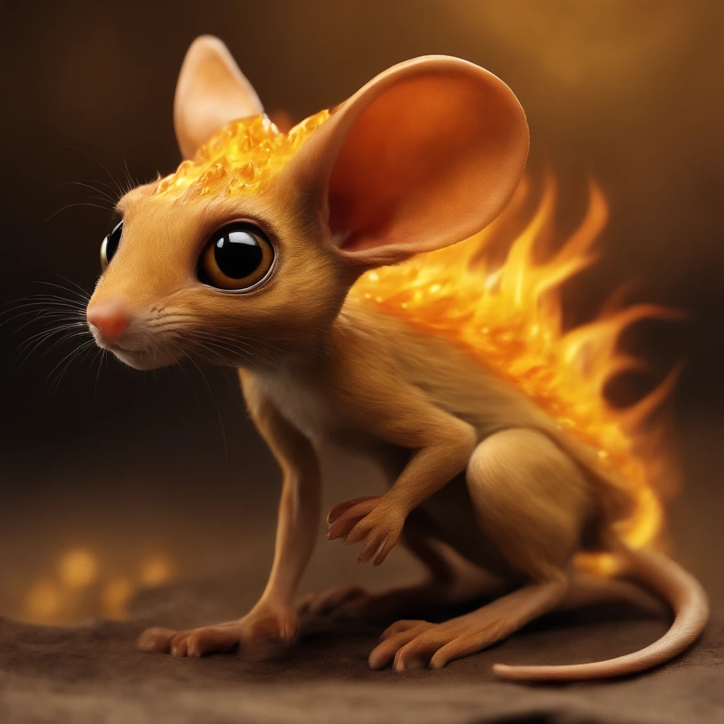 golin, jerboa-like, Huge eyes, large ears, trunk-shaped nose, bright orange and brown, long tail, covered in yellow flames, flame clothes, Best Quality, Masterpiece, in style of dark fantasy art