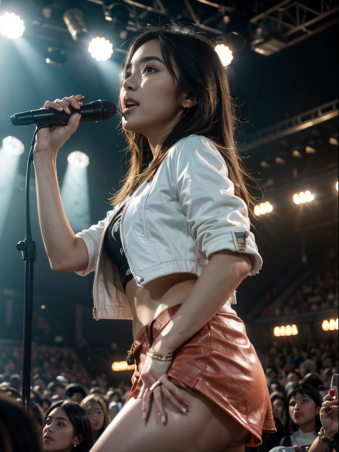 (8k, highest quality, ultra detailed:1.37), (Maria), 18yo, (a beautiful Filipino college girl), gets lost in the euphoria of an evening concert. Dressed in a fashionable Band Tee and Leather Jacket, she sings and dances along with the crowd, showcasing her love for music and live performances. The high-resolution image captures ultra-detailed realism, highlighting Maria's captivating eyes, long eyelashes, and smooth complexion. The vibrant concert setting, with stage lights and cheering fans, adds to the electric ambiance, creating a visually stunning representation of Maria's passion and energy.