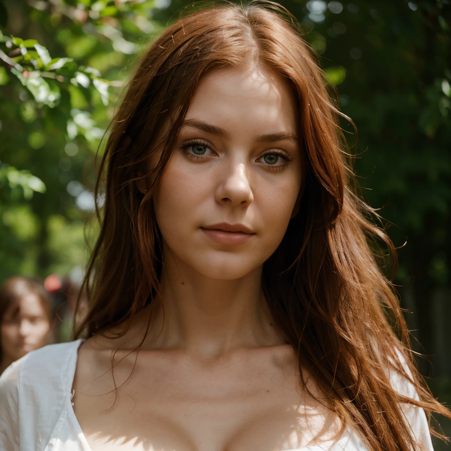 RAW portrait, photorealistic, slawische Frau, gorgeous woman, Sommersprossen, rotes Haar, schulterlanges Haar, innen, verschwommener Hintergrund, sfw, face focus