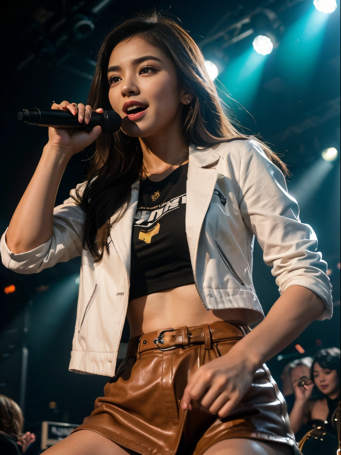 (8k, highest quality, ultra detailed:1.37), (Maria), 18yo, (a beautiful Filipino college girl), gets lost in the euphoria of an evening concert. Dressed in a fashionable Band Tee and Leather Jacket, she sings and dances along with the crowd, showcasing her love for music and live performances. The high-resolution image captures ultra-detailed realism, highlighting Maria's captivating eyes, long eyelashes, and smooth complexion. The vibrant concert setting, with stage lights and cheering fans, adds to the electric ambiance, creating a visually stunning representation of Maria's passion and energy.