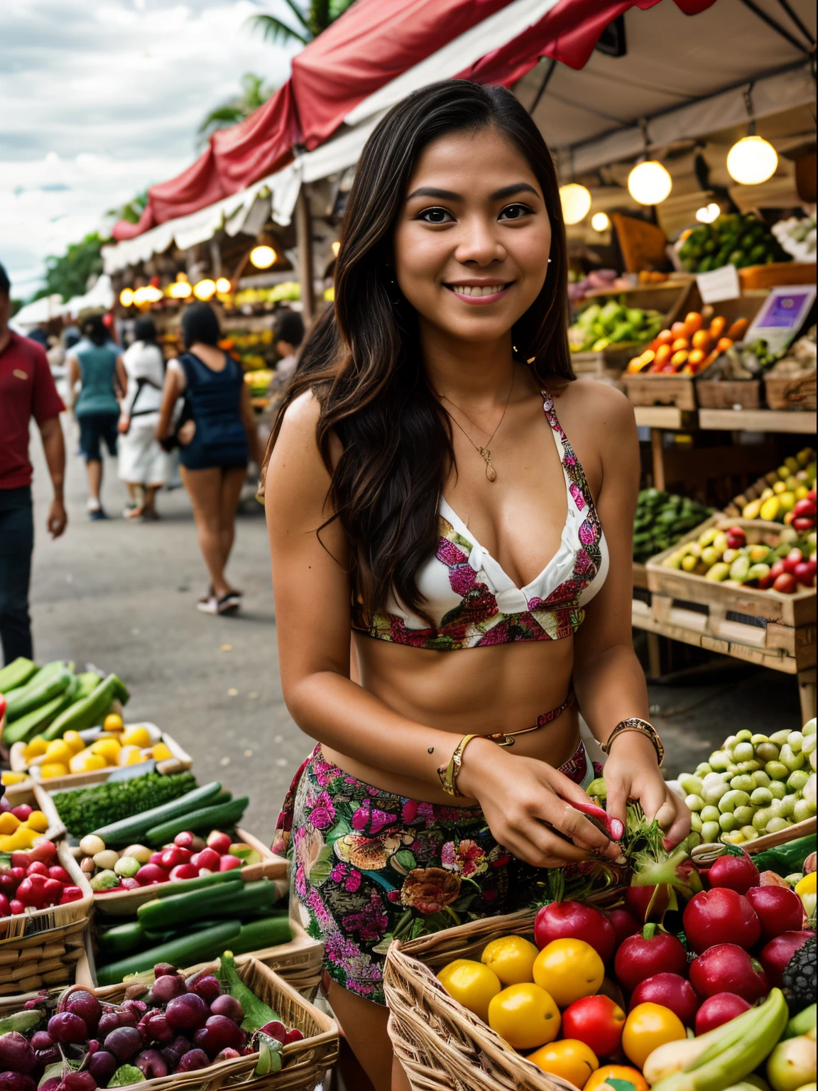 (8k, highest quality, ultra detailed:1.37), (Maria), 18yo, (a beautiful Filipino college girl), explores a lively weekend farmers market. Dressed in a casual Boho-Chic Outfit, she strolls through the market stalls, showcasing her love for fresh produce and sustainable living. The high-resolution image captures ultra-detailed realism, highlighting Maria's captivating eyes, long eyelashes, and smooth complexion. The vibrant market scene, with colorful fruits and vegetables, adds to the lively ambiance, creating a visually captivating representation of Maria's connection to nature and community.