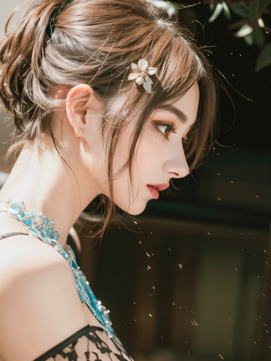 (Best quality, 8k, 32k, Masterpiece, UHD:1.2) "Produce a captivating art piece featuring a girl with a stylish bob haircut, illuminated by dramatic and cinematic lighting that accentuates the contours of her face and hair. Create an atmosphere that exudes intrigue and depth, with shadows and highlights playing a central role in defining the scene. The lighting should emphasize the girl's features and add an extra layer of drama to the composition, making it visually striking and evoking a sense of mystery and allure." lingerie, shiny