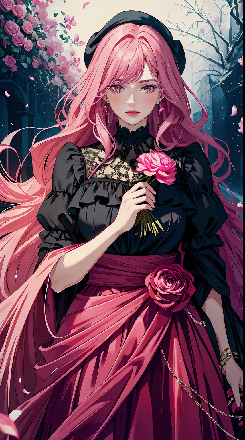 Middle Aged Woman，long pink hair, reddish-pink lips，in a black velvet dress, woman holding a flower in her hand, with frozen flowers around her, Dreamy atmosphere and drama, Holding the magic color in your hands,