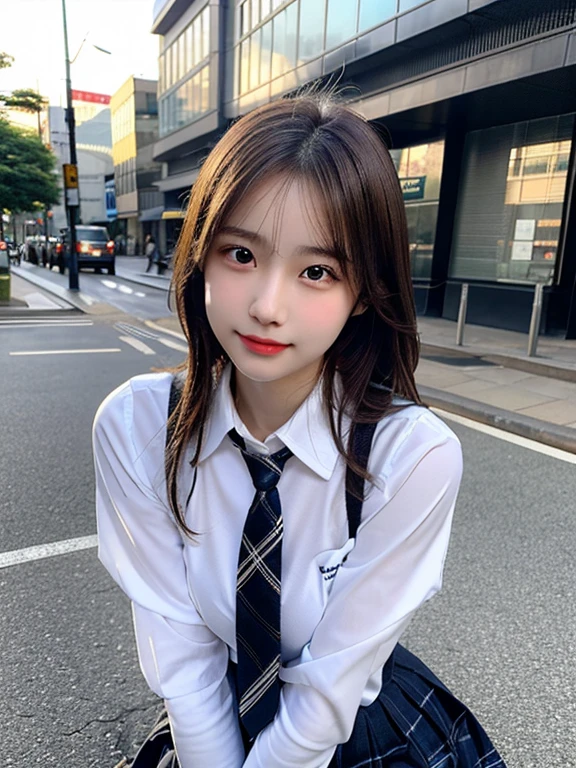(masterpiece, best quality, photo realistic, official art:1.4), (UHD, 8K quality wallpaper, High resolution, RAW photo:1.2), (shiny skin), professional lighting, physically-based rendering, Award-winning, highly detailed skin, (extremely detailed face and eyes, clear pupils), Carl Zeiss 85 mm F/1.4, depth of field, BREAK, 1girl, solo, kawaii 16-year-old Korean schoolgirl, (Nogizaka idol:0.7), (Korean idol:0.9), (glossy brown hair, straight medium hair, forehead:1.3), extreme round face, single eyelid, smirk, mouth closed, (wearing school uniforms, longsleeved collared shirt, school tie:1.3), plaid mini skirt, navy socks, loafers, (breasts emphasized, well shaped medium breasts), (looking at viewer), BREAK, at a street in Shibuya, summer daytime, sunbeam, (seductive posing:1.3), cowboy shot, view from forward,
