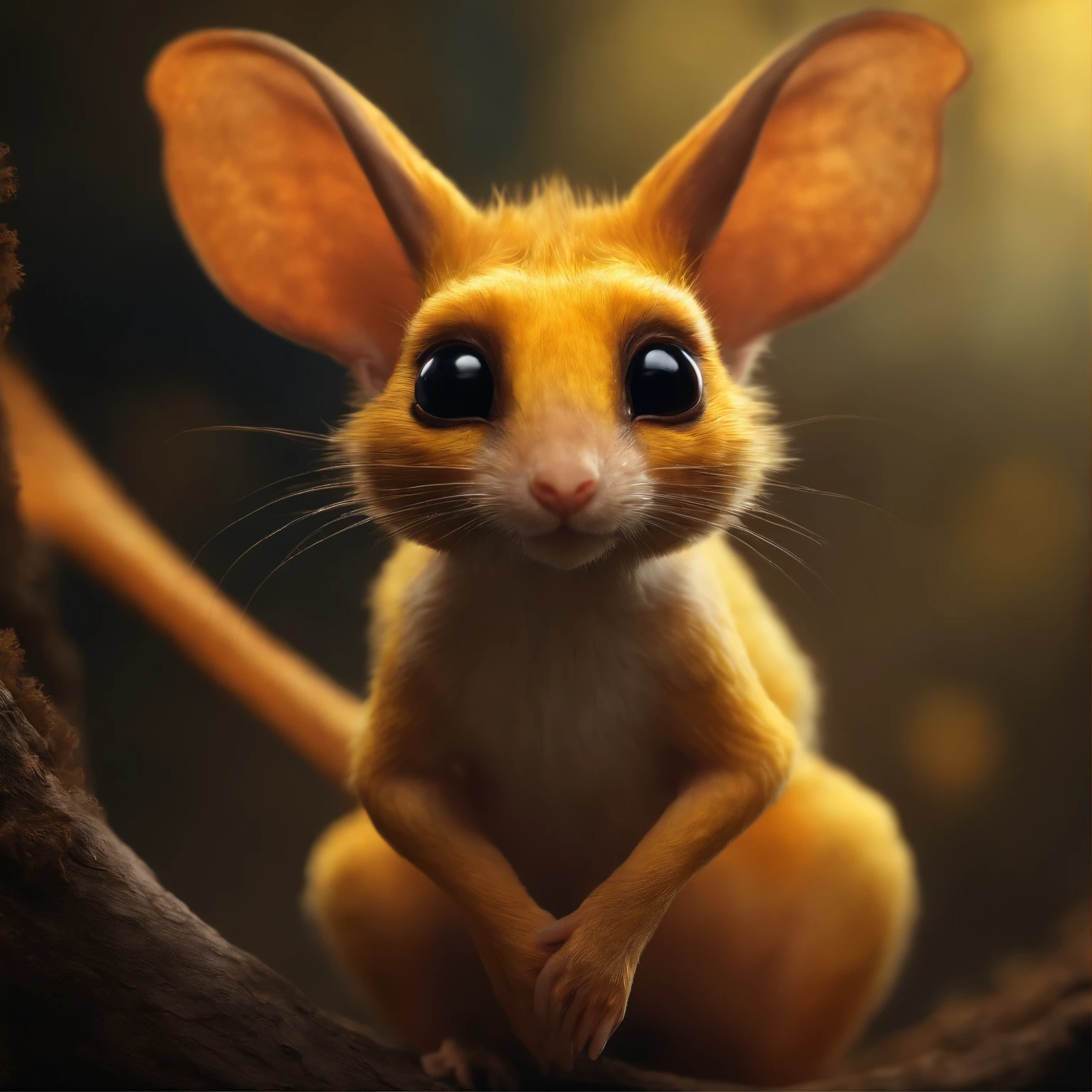 golin, jerboa-like, Huge eyes, large ears, trunk-shaped nose, bright orange and brown, long tail, covered in yellow flames, flame clothes, Best Quality, Masterpiece, in style of dark fantasy art