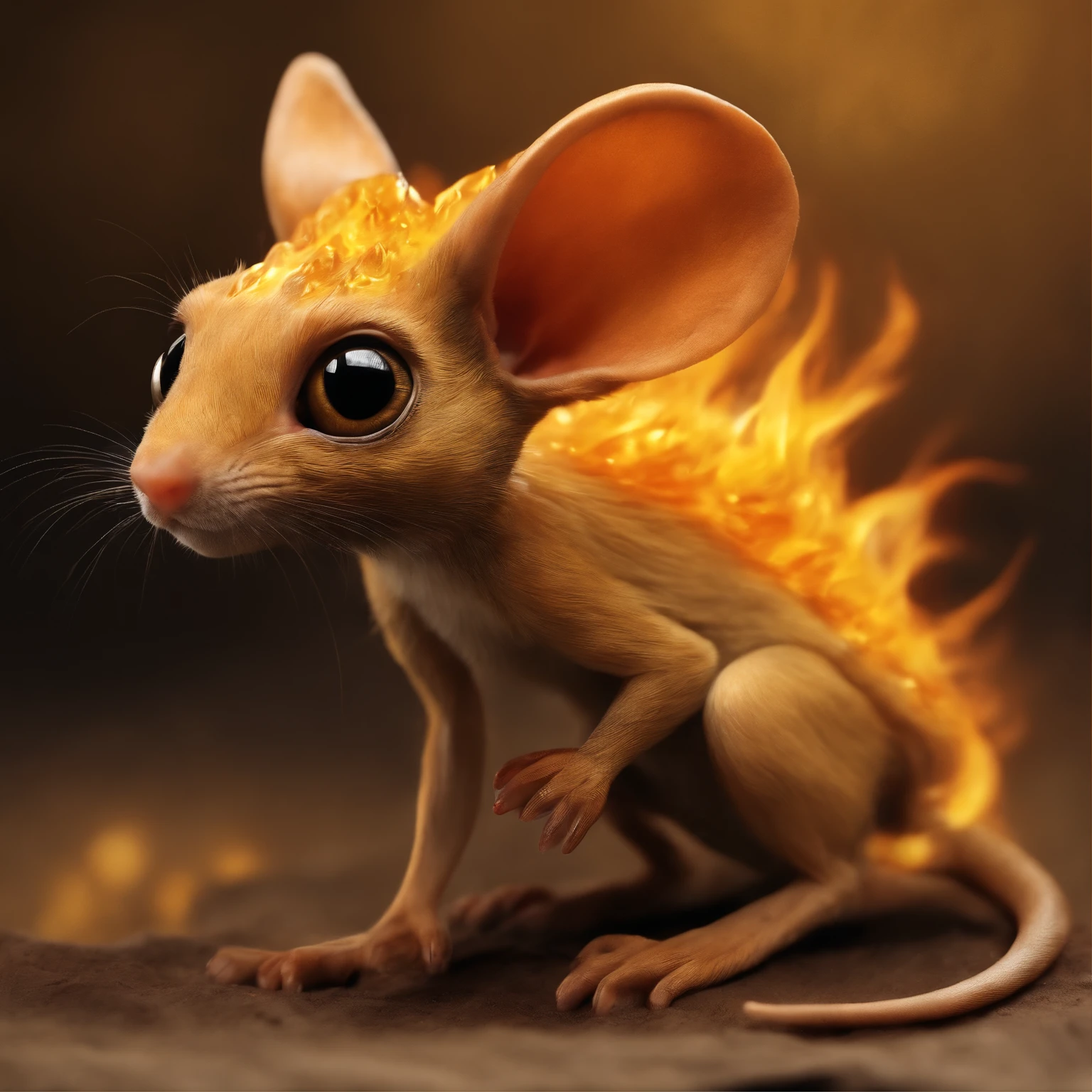 golin, jerboa-like, Huge eyes, large ears, trunk-shaped nose, bright orange and brown, long tail, covered in yellow flames, flame clothes, Best Quality, Masterpiece, in style of dark fantasy art