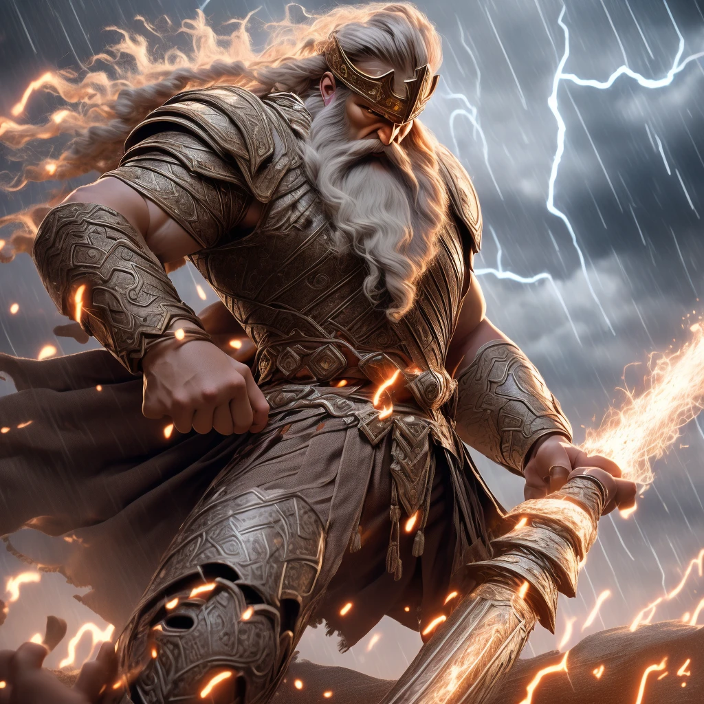 Epic CG masterpiece, "Odin" Wearing armor, He is like a god coming，Wielding a long sword., Charge, exploding meteor, A fierce battle for life, On a rainy night, the god Odin raised his spear and looked down at all living beings, Graphic tension, dynamicposes, Stunning colors, 3 Rendering, ultra-realistic realism, movie light effect, Endless realism, 00 Renderer, hyper realisitc, 8K, k hd,
lightand shade contrast, hight contrast