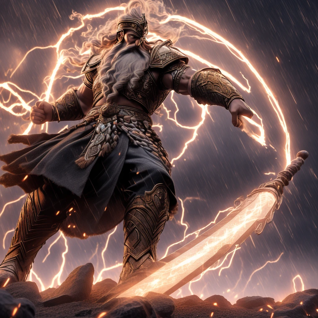 Epic CG masterpiece, "Odin" Wearing armor, He is like a god coming，Wielding a long sword., Charge, exploding meteor, A fierce battle for life, On a rainy night, the god Odin raised his spear and looked down at all living beings, Graphic tension, dynamicposes, Stunning colors, 3 Rendering, ultra-realistic realism, movie light effect, Endless realism, 00 Renderer, hyper realisitc, 8K, k hd,
lightand shade contrast, hight contrast