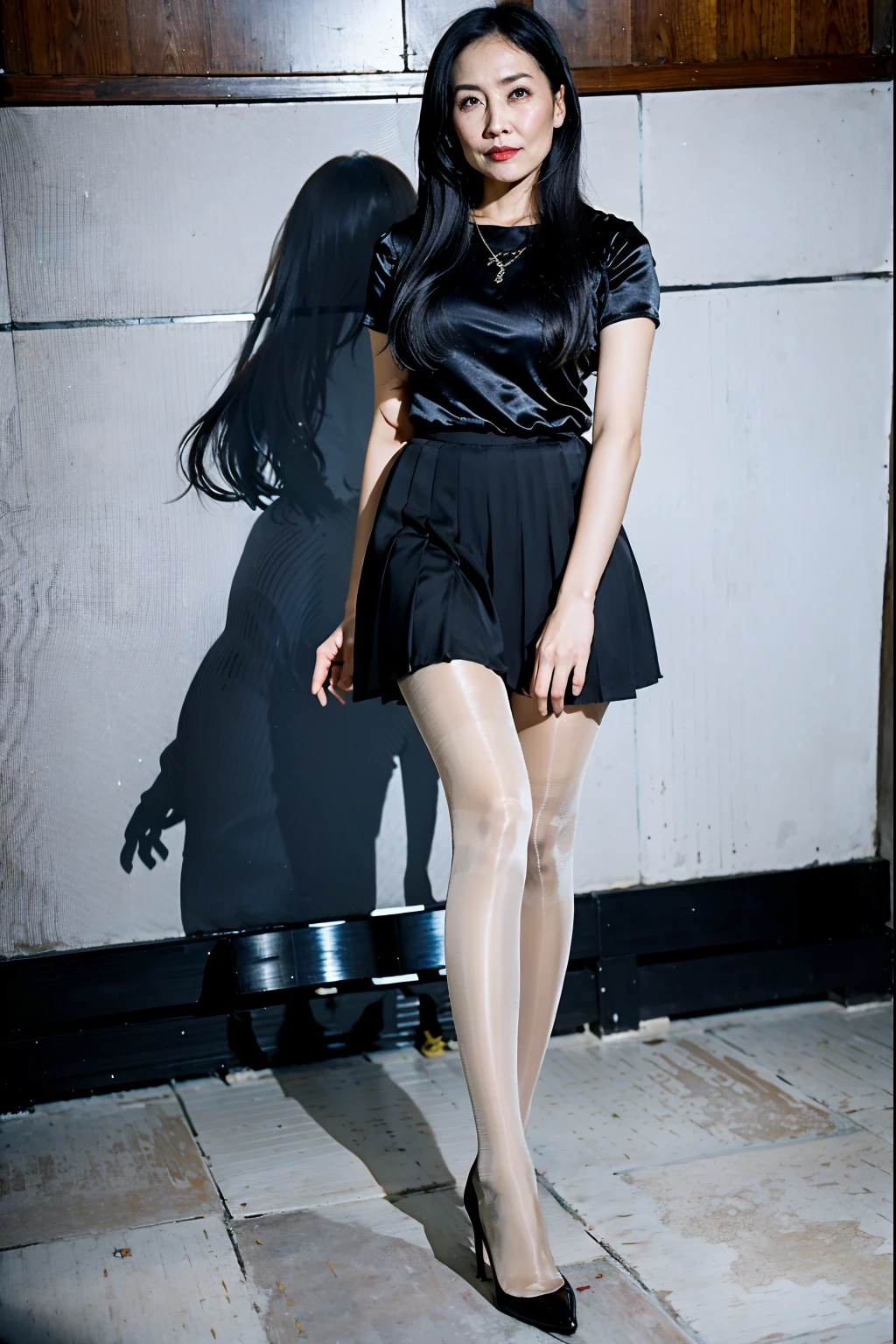 wavy and long hair,heavy makeups,Redlip,white skinned,mature, legs long,The whole body can be seen,Skin color pantyhose,On the bustling streets,Have a well-proportioned figure,Tight black short sleeves,legs long,White pleated skirt,high-heels