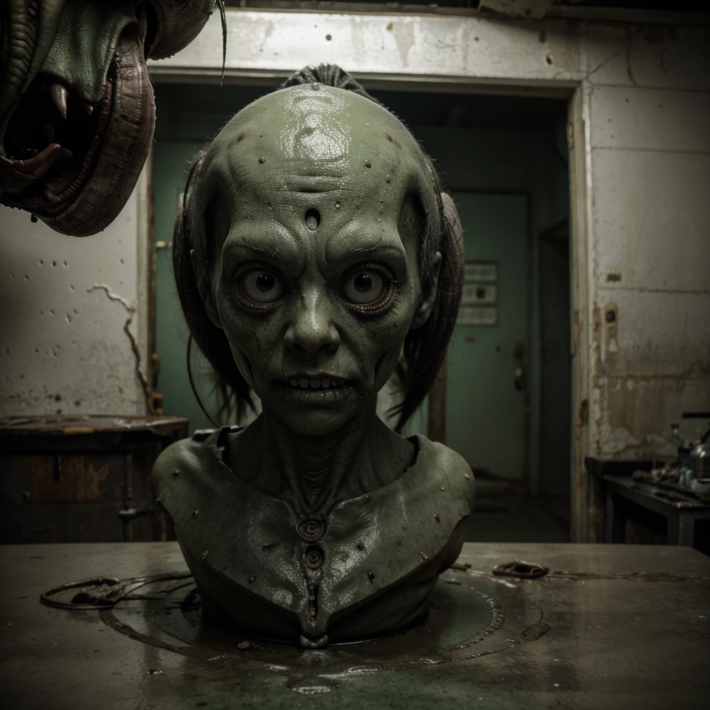 A dark and disturbing scene in an underground environment. At the center, a humanoid figure with pale skin and rough texture, with multiple eyes on different parts of the face, that glow a sickly shade of green. The figure is surrounded by old, rusty equipment, like computers made of tangled tubes and cables. The environment is lit by a cold, irregular light, that projects distorted shadows on the walls. No fundo, there are strange and disorganized objects, such as vials of unknown substances and torn documents, adding a touch of chaos and mystery. The general atmosphere is oppressive and surreal, evoking a feeling of discomfort and uneasiness."