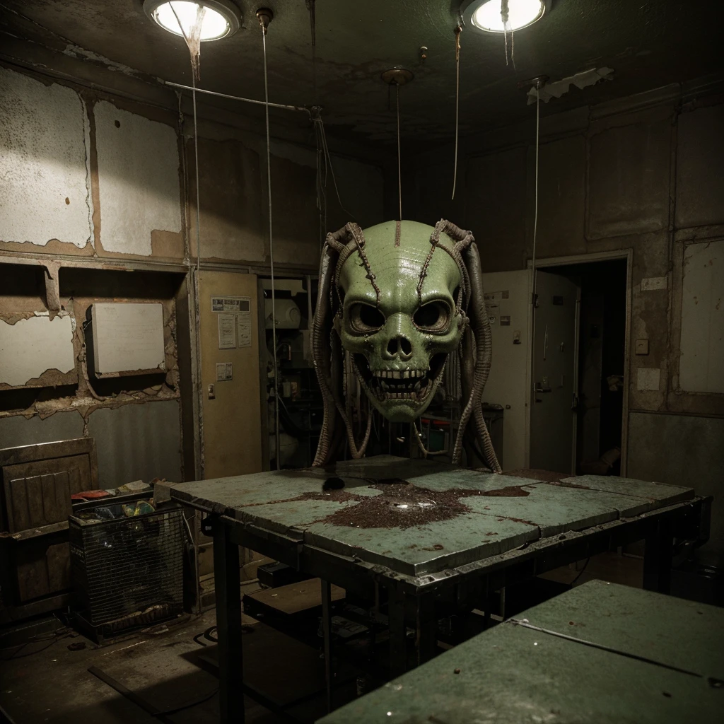 Terrifying Alien Autopsy in grunge dirty style. A dark and dingy room. A group of scientists in white coats huddle around a long metal table. On the table, a large, alien body lies exposed. The body is covered in strange, pulsing veins. Its skin is a sickly green color. Its eyes are large and black, with no pupils. Its mouth is filled with sharp, pointed teeth.