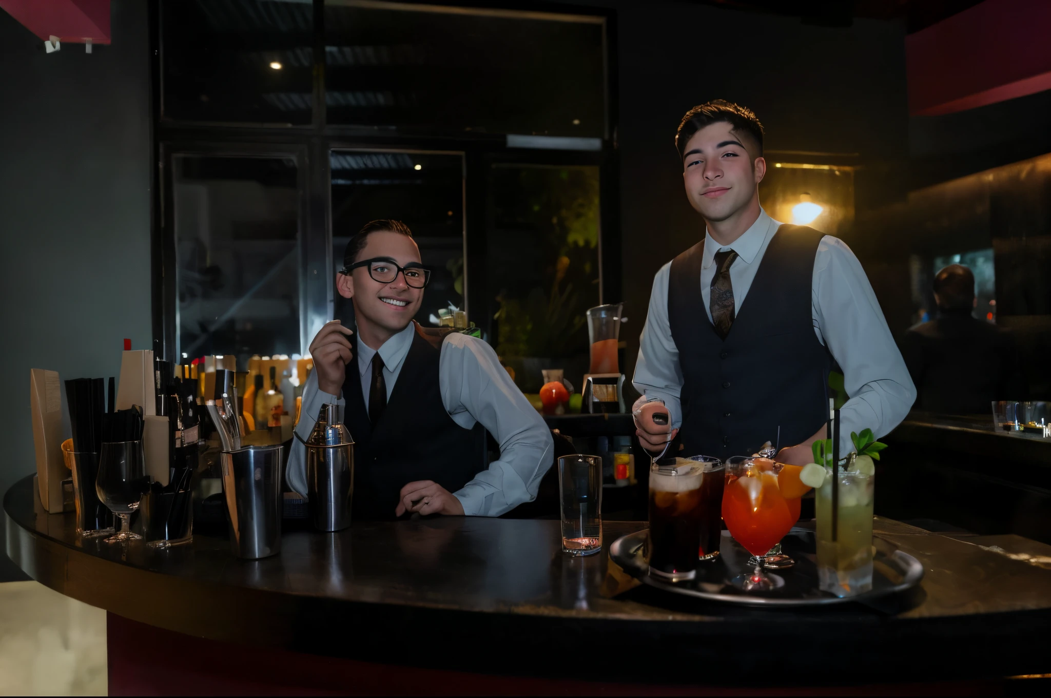 dos hombres parados en un bar con bebidas y bebidas frente a ellos, Barman, obra maestra de arte, Tomada con Canon 5D MK4, Fotos de alta calidad, profesional, people drink cocktails, Retrato a mitad de plano, taken in the early 2020s, Barra de fondo, Imagen tomada con Canon Eoa 6 D Mark II, Plano medio