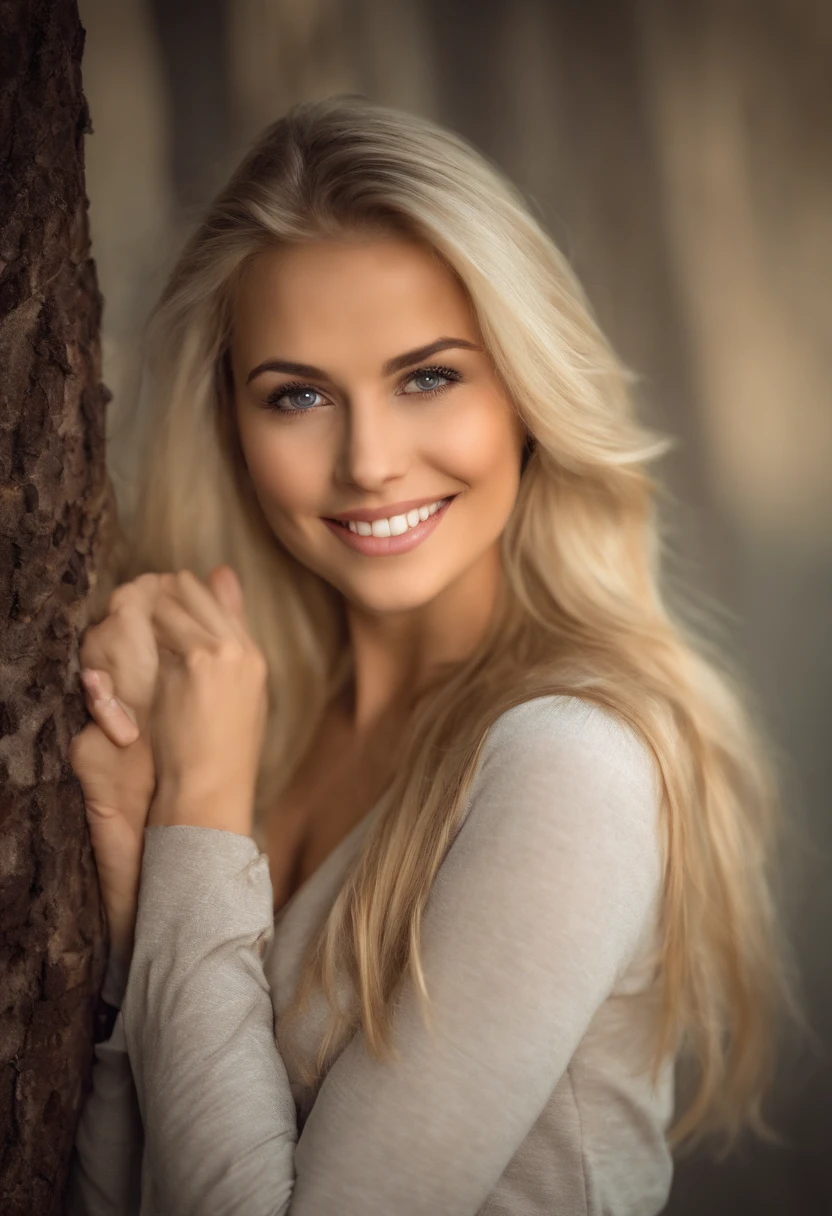 Frau im grauen Hemd macht ein Selfie mit ihrem Handy, beautiful blonde girl, enges Hemd tragen, enges Hemd, Spaltung, attractive girl, breathtaking beauty, she has a cute face, a beautiful blonde, Ordentlich aus ihrem Kopf kommend, beautiful upper body, good young girl, cute seductive smile, niedliche junge frau, vollbusig