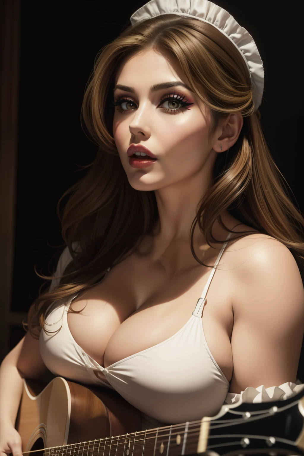 Lucy Pinder, mouth wide open, voluptuous, ((VERY INTENSE MAKEUP)), ADELE; bright lipstick, maid, playing guitar