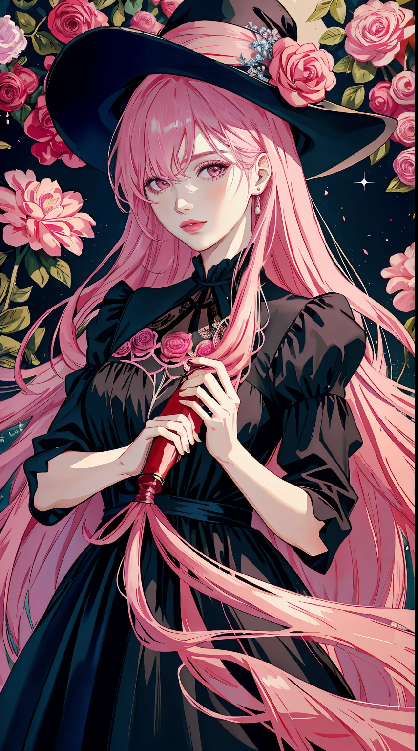 Middle Aged Woman,long pink hair, reddish-pink lips,in a black velvet dress, woman holding a flower in her hand, with frozen flowers around her, Dreamy atmosphere and drama, Holding the magic color in your hands,