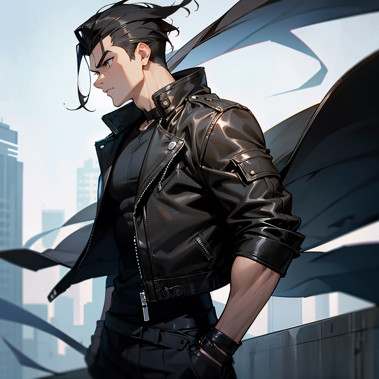 Make, Leather Jacket, Slight Muscular Build, Slicked Back Hair, Black Hair, Serious Expression, Standing on city street, High-quality, Ultra-detailed