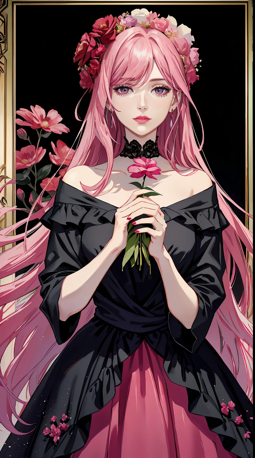 Middle Aged Woman，long pink hair, reddish-pink lips，in a black velvet dress, woman holding a flower in her hand, with frozen flowers around her, Dreamy atmosphere and drama, Holding the magic color in your hands,