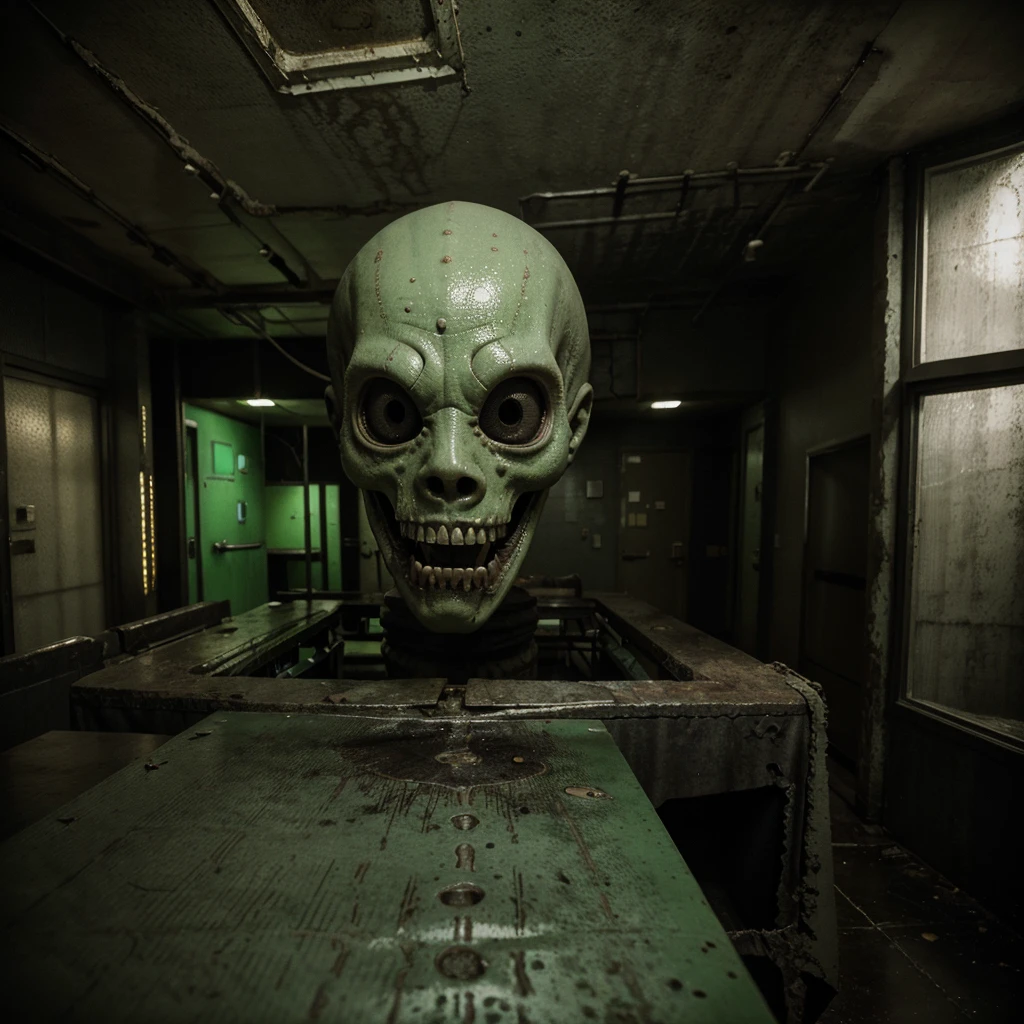 Terrifying Alien Autopsy in grunge dirty style. A dark and dingy room. A group of scientists in white coats huddle around a long metal table. On the table, a large, alien body lies exposed. The body is covered in strange, pulsing veins. Its skin is a sickly green color. Its eyes are large and black, with no pupils. Its mouth is filled with sharp, pointed teeth.