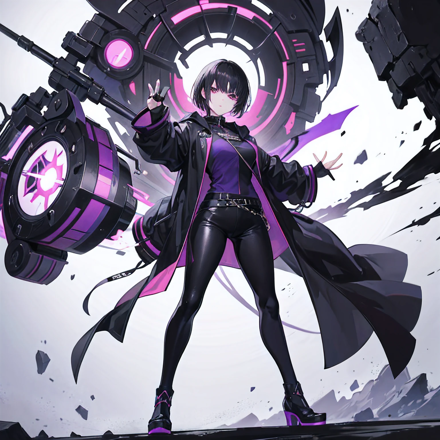 mulher anime, sem antecedentes, Cabelos pretos, short hair, roupas muito pesadas, olho roxo, roupas pretas completas, pose, Close to the camera, without machines, roupas simples