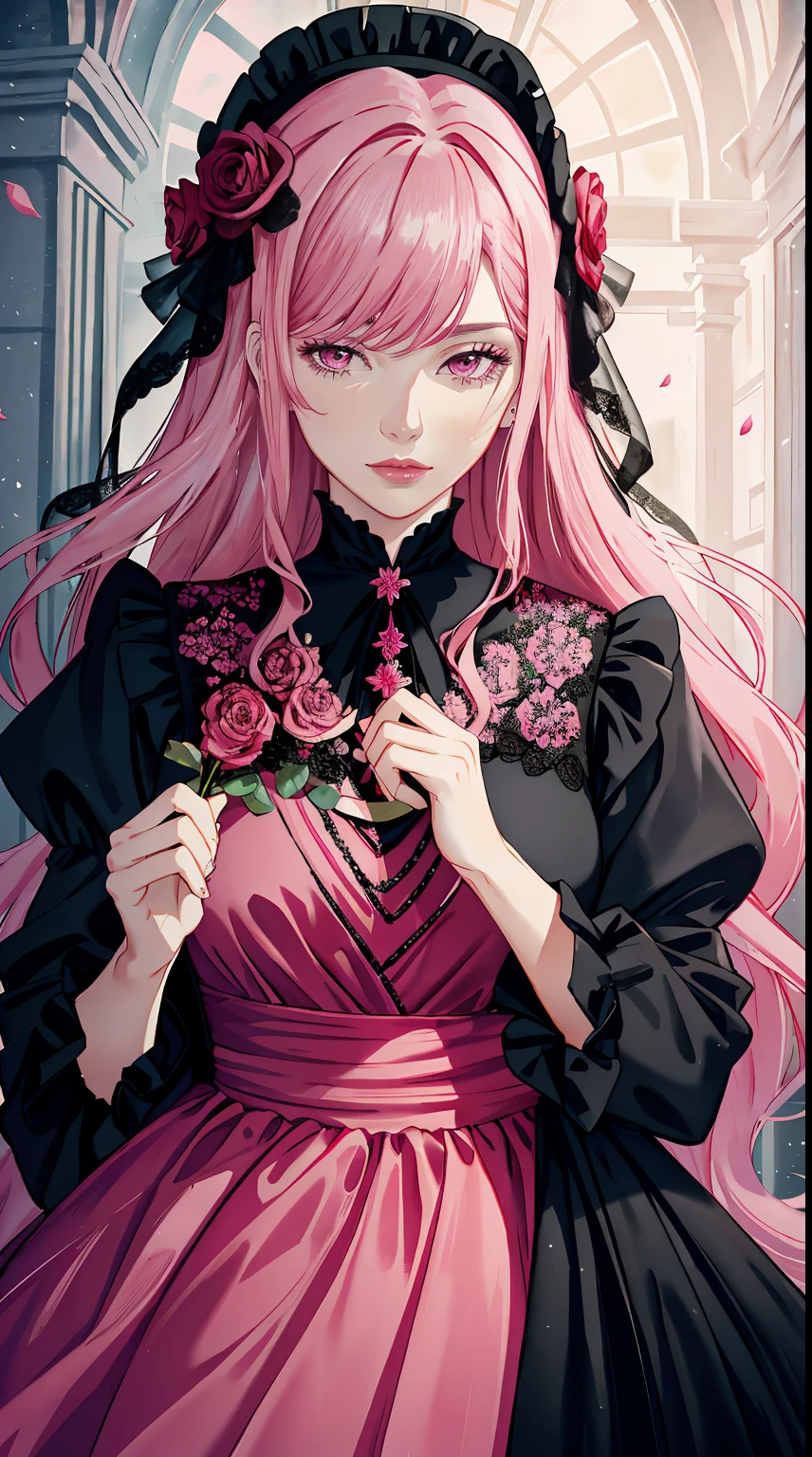 Middle Aged Woman，long pink hair, reddish-pink lips，in a black velvet dress, woman holding a flower in her hand, with frozen flowers around her, Dreamy atmosphere and drama, Holding the magic color in your hands,