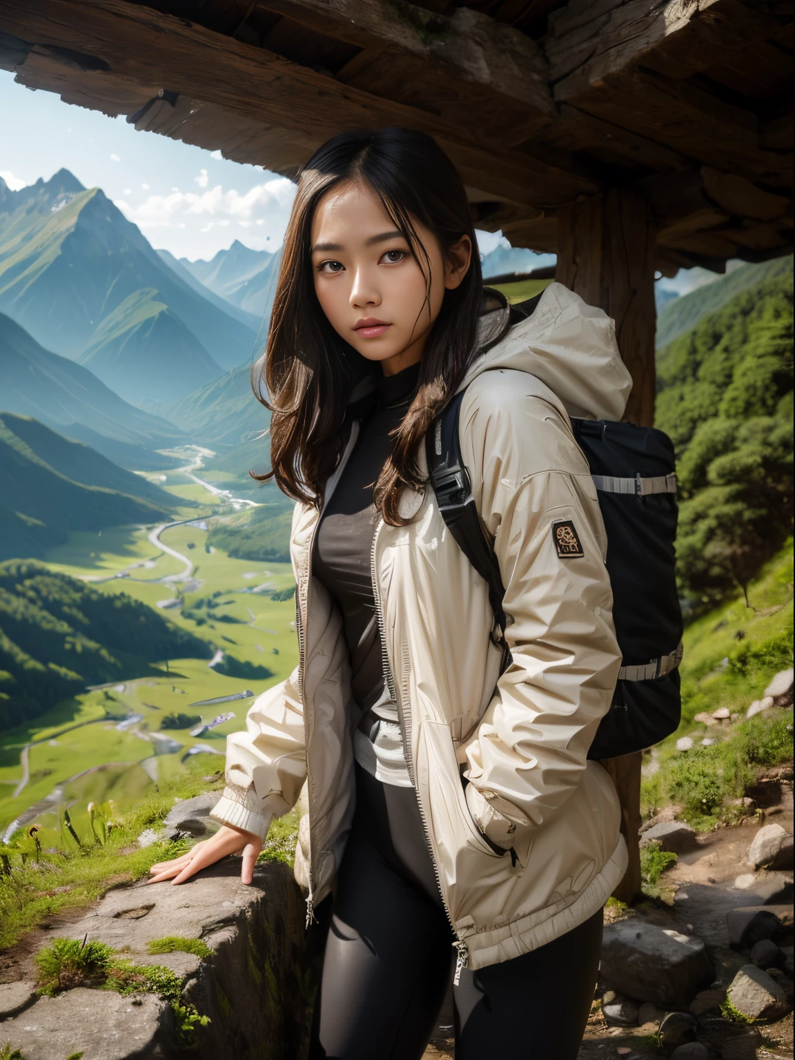 (8k, highest quality, ultra detailed:1.37), (Maria), 18yo, (a beautiful Filipino college girl), embarks on a thrilling mountain hiking adventure. Dressed in a comfortable Outdoor Jacket and Leggings, she conquers the challenging terrain, showcasing her adventurous spirit. The high-resolution image captures ultra-detailed realism, highlighting Maria's captivating eyes, long eyelashes, and smooth complexion. The majestic mountain scenery, with lush greenery and breathtaking views, adds to the adventurous ambiance, creating a visually captivating representation of nature and exploration.