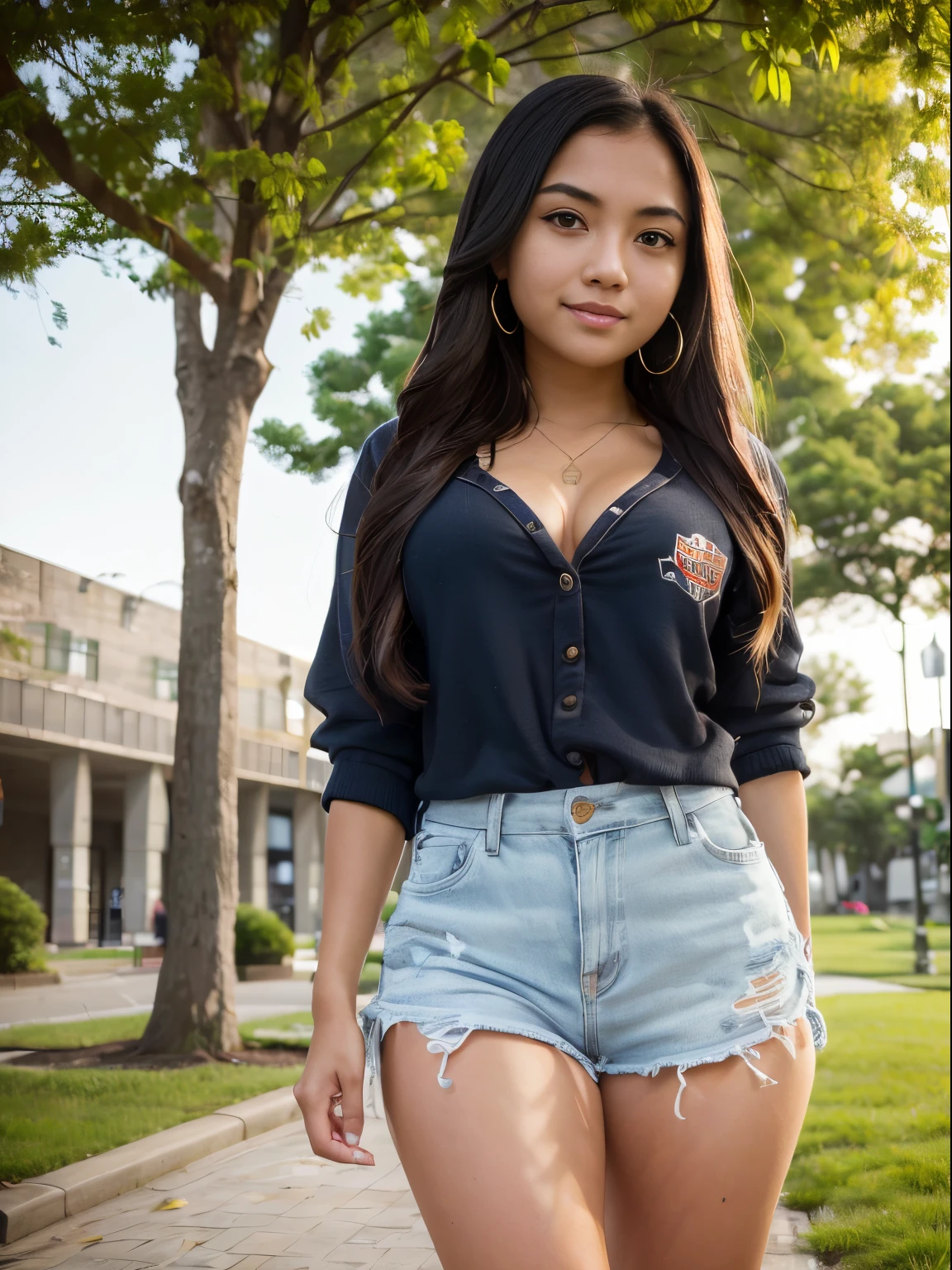 (8k, highest quality, ultra detailed:1.37), (Maria), 18yo, (a beautiful Filipino college girl), experiences university campus life. Dressed in a stylish Casual Outfit, she interacts with friends and engages in academic activities, showcasing her vibrant college experience. The high-resolution image captures ultra-detailed realism, highlighting Maria's captivating eyes, long eyelashes, and smooth complexion. The bustling campus environment, with modern buildings and green spaces, adds to the youthful ambiance, creating a visually captivating representation of higher education and personal growth.