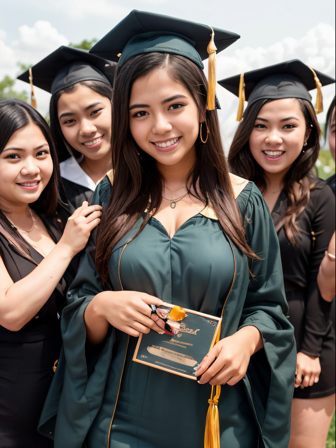 Maria, 18yo, a Filipino college graduate, celebrates her achievement with her friends and family. Dressed in a stylish graduation gown and cap, she beams with pride and joy. The image captures her natural smile, beautiful detailed eyes, and perfect skin texture, embodying the excitement and success of her graduation day in high resolution.