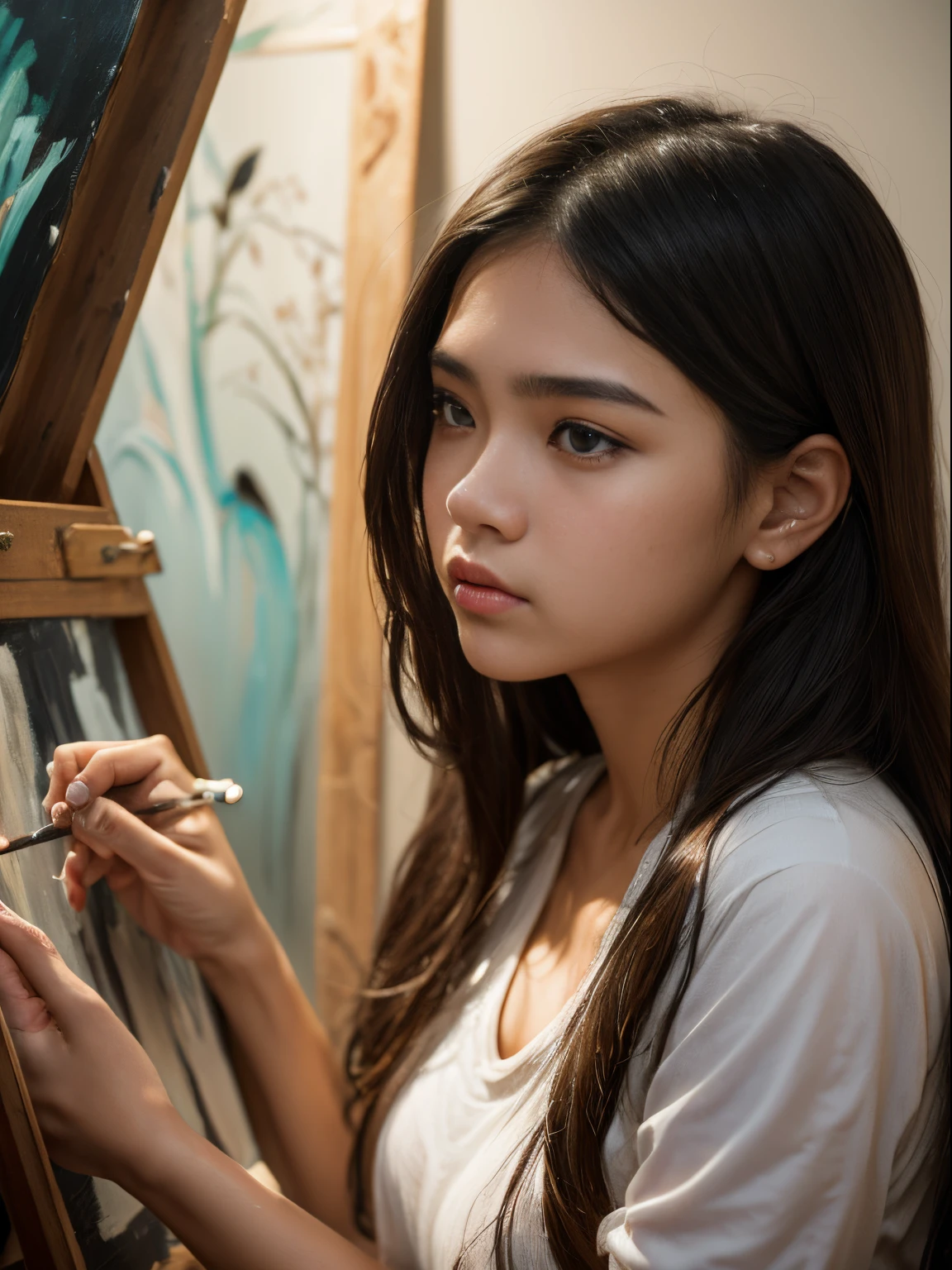 Maria, 18yo, a talented young artist from the Philippines, immerses herself in various artistic pursuits. Whether it's painting, sculpting, or performing music, she expresses her creativity and passion. The image captures her focused and expressive facial expressions, beautiful detailed eyes, and artistic flair, highlighting her artistic journey in high resolution.