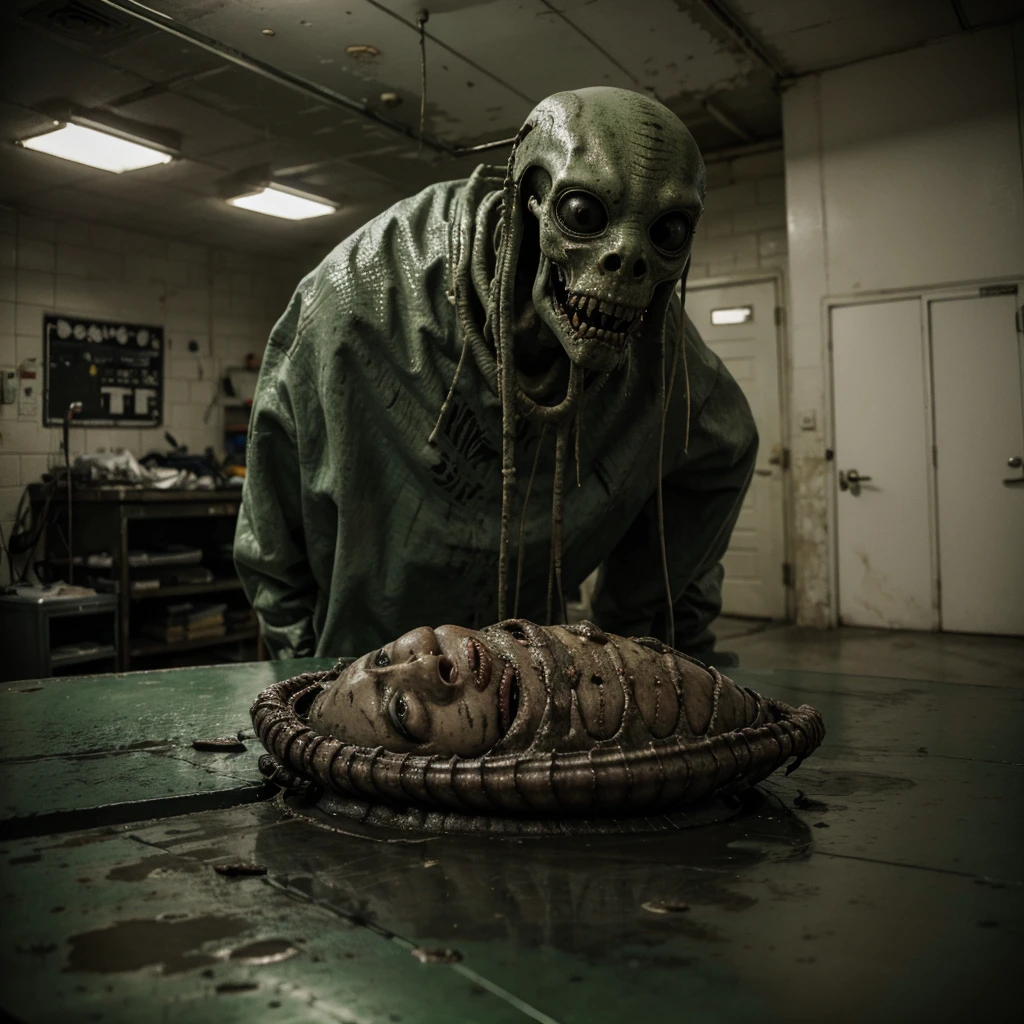 Terrifying Alien Autopsy in grunge dirty style. A dark and dingy room. A group of scientists in white coats huddle around a long metal table. On the table, a large, alien body lies exposed. The body is covered in strange, pulsing veins. Its skin is a sickly green color. Its eyes are large and black, with no pupils. Its mouth is filled with sharp, pointed teeth.