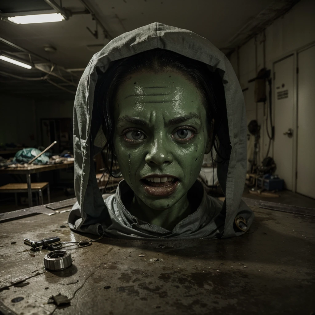 Terrifying Alien Autopsy in grunge dirty style. A dark and dingy room. A group of scientists in white coats huddle around a long metal table. On the table, a large, alien body lies exposed. The body is covered in strange, pulsing veins. Its skin is a sickly green color. Its eyes are large and black, with no pupils. Its mouth is filled with sharp, pointed teeth.